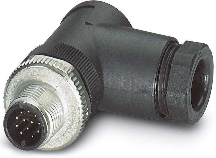 Un connecteur électrique noir coudé avec plusieurs broches, adapté à la connexion de câbles dans des applications industrielles.