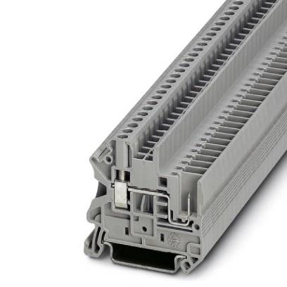 Un bloc de bornes à gradins gris avec plusieurs points de connexion pour des lignes électriques, typiquement utilisé dans des applications de tableaux électriques.