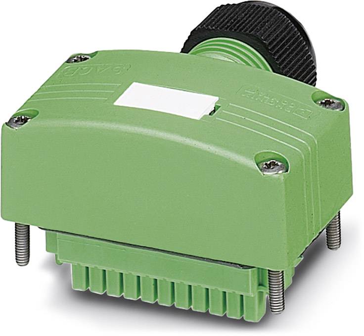 Un capteur électronique vert avec un connecteur noir et quatre vis, probablement destiné à des applications industrielles.