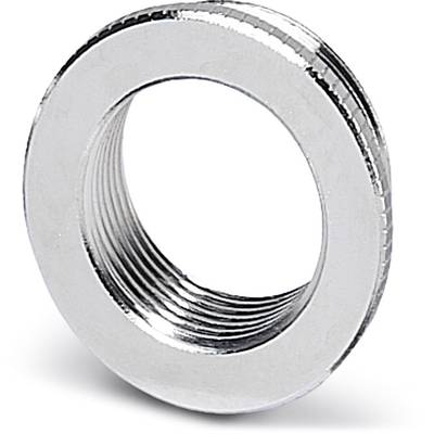 Rondelle métallique filetée, brillante, circulaire, sur fond blanc.