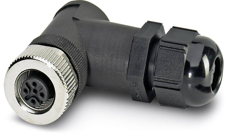 Un connecteur électrique noir coudé, composé de composants en métal et en plastique, adapté aux applications industrielles.