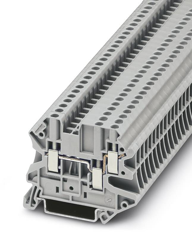 Borne industrielle grise en série, vue latérale, avec de nombreux points de connexion, montrant la composante métallique interne.