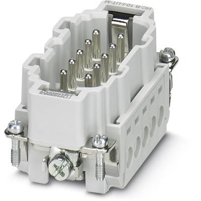 Connecteur industriel avec boîtier rectangulaire, plusieurs broches métalliques et vis, adapté aux connexions électriques robustes.