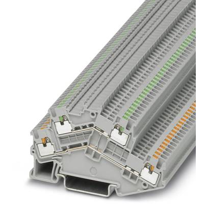 Barrette de connexion grise multicouche avec bornes de raccordement codées par couleur (orange, vert) pour des applications de câblage flexible dans la construction de tableaux électriques.