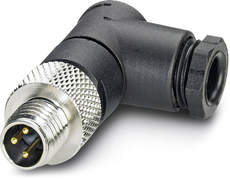 Un connecteur noir coudé avec une vis de fixation métallique et trois broches dorées. Adapté pour les connexions électriques.
