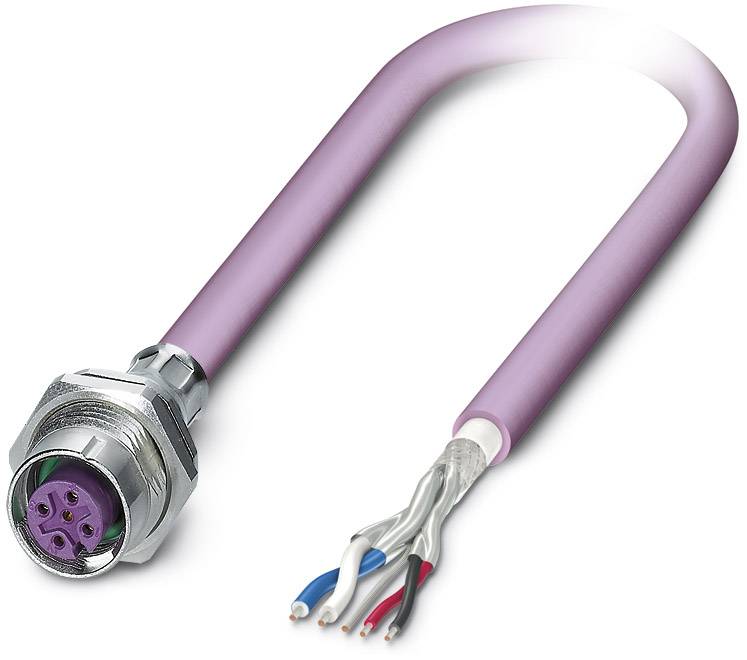 Câble de données lilas avec fiche métallique et extrémités de câble dénudées, révélant quatre conducteurs colorés (blanc, bleu, rouge, blanc).