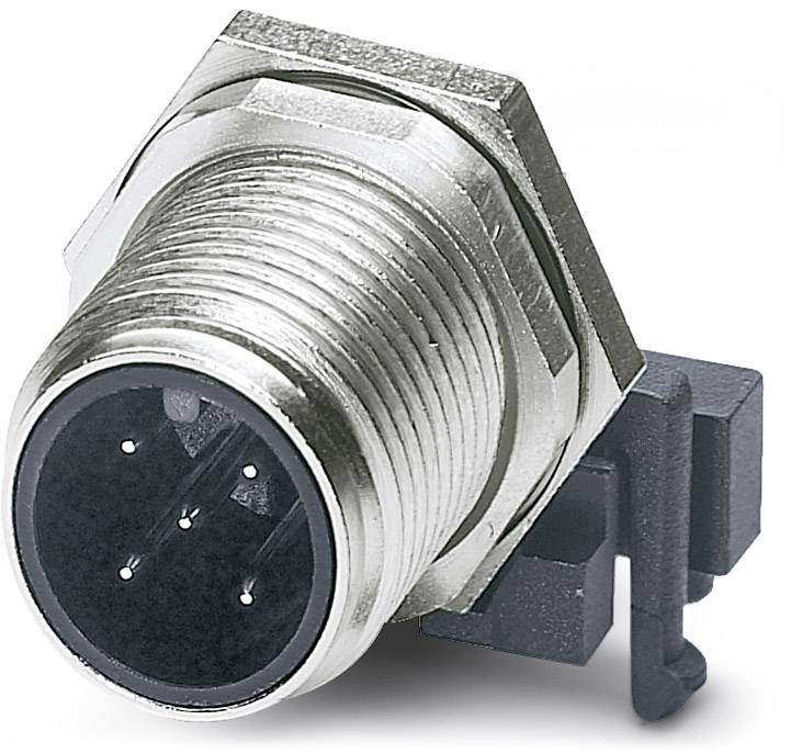 Connecteur circulaire métallique à cinq broches de contact avec partie en plastique noir, adapté aux applications industrielles en électronique.