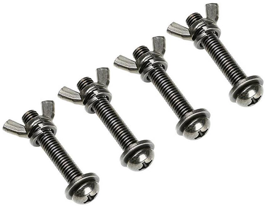 Quatre vis métalliques disposées côte à côte avec des écrous papillon illustrent la fonction de fixation.