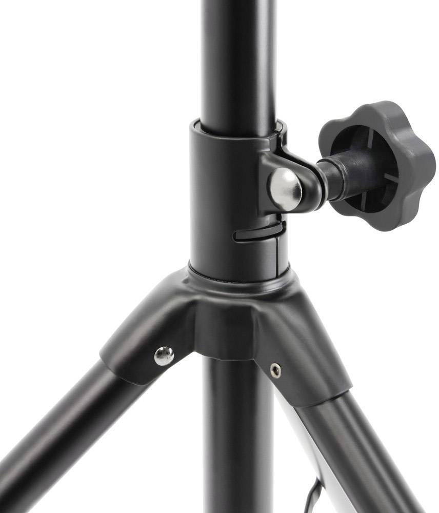 Trépied avec cadre en métal noir, pince réglable et bouton rotatif pour l'ajustement de la hauteur. Adapté pour l'équipement photo ou d'éclairage.