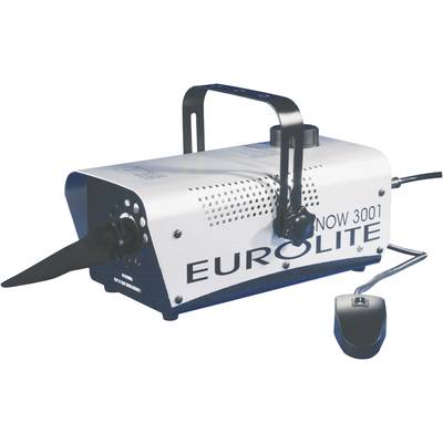 Machine à neige artificielle 'EUROLITE Snow 3001' posée sur le côté, avec poignée et télécommande.