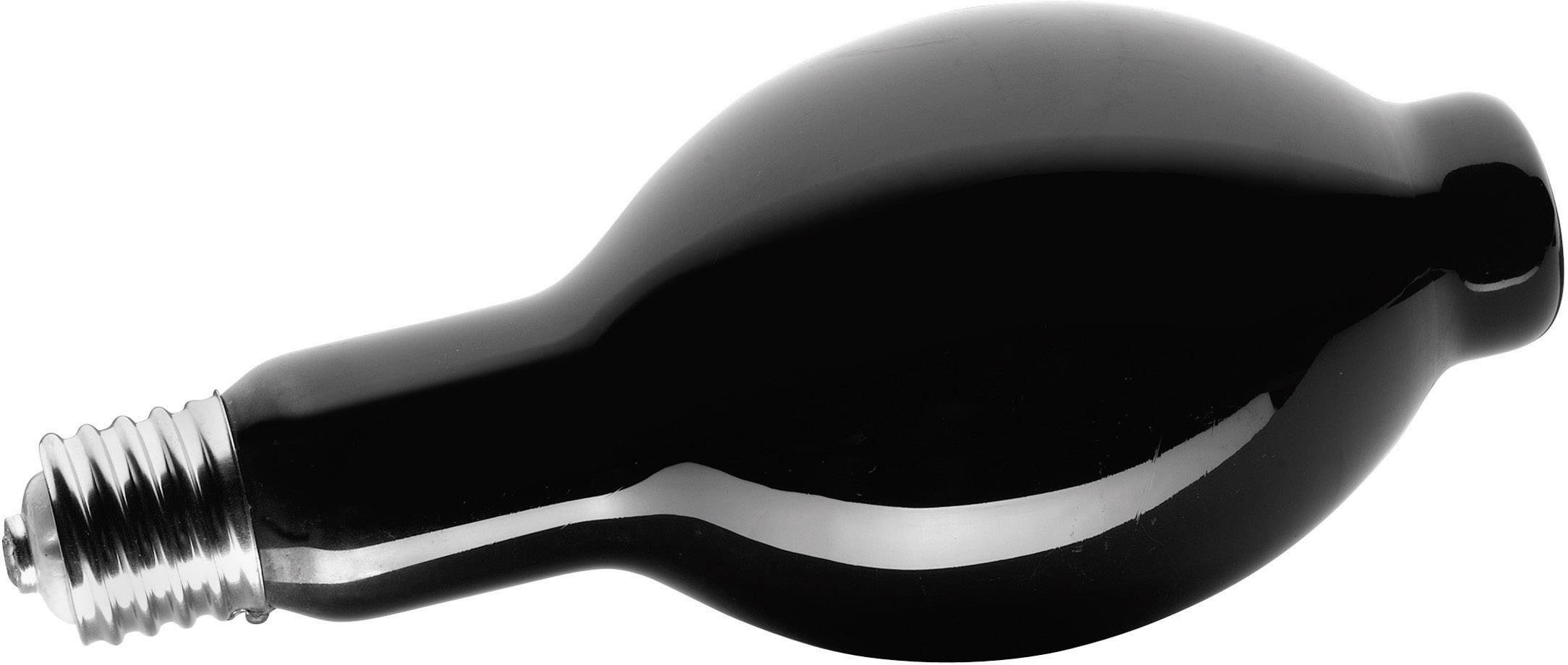 Ampoule noire avec un pas de vis argenté, posée horizontalement. Elle a une forme ovoïde et une surface brillante.