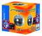 Une boule disco de 15 cm de Eurolite dans un emballage orange et bleu distinctif. La boule réfléchit les rayons lumineux.