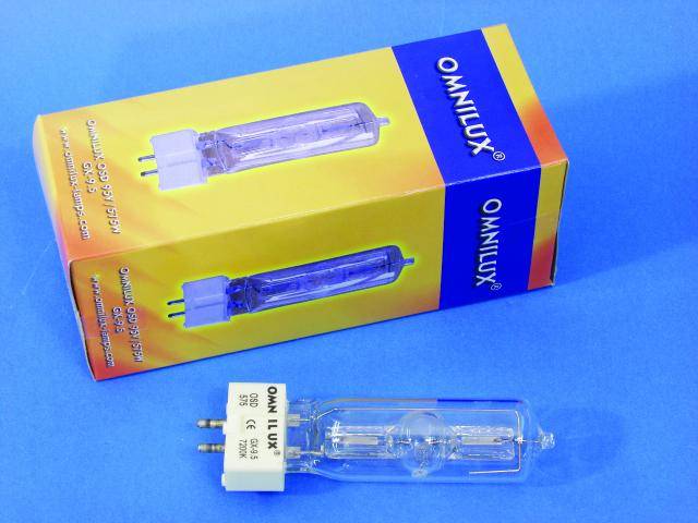Emballage et une lampe halogène de la marque 'Omnilux' sur un fond bleu. La lampe est cylindrique avec des broches métalliques.