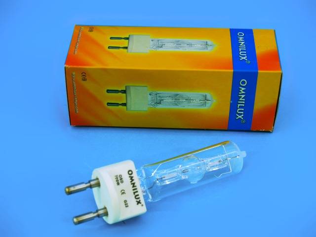 Une lampe halogène Omnilux à côté de son emballage orange sur lequel la lampe est également représentée.