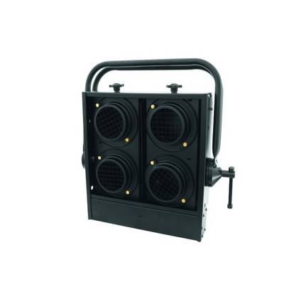 Projecteur de scène noir, carré, avec quatre lampes rondes et une poignée de transport en haut. Adapté pour un éclairage professionnel.
