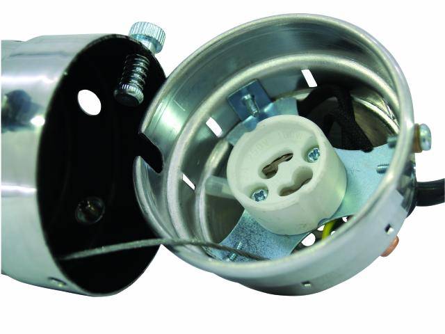 Support de lampe métallique ouvert, montrant le câblage intérieur et le support d'ampoule. Idéal pour les réparations et les installations.