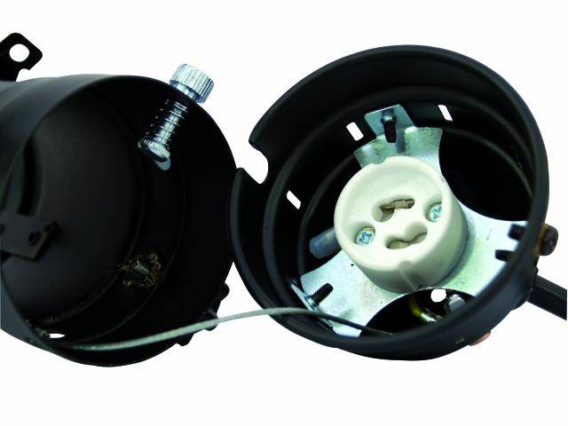 Support de lampe métallique ouvert avec vis et câbles, prêt pour l'installation d'une ampoule.