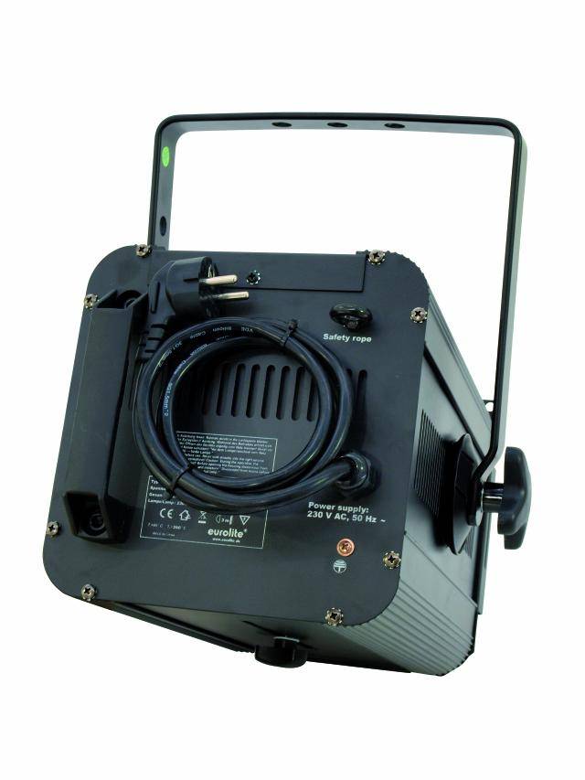 Projecteur LED noir et gris avec câble et interrupteur. Vue arrière montrant la connexion électrique et un crochet de montage. 230V, 50Hz.