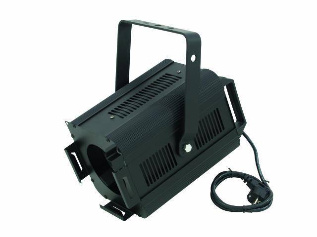 Un projecteur de scène noir avec support et câble d'alimentation, posé à l'horizontale. Utilisé pour l'éclairage lors d'événements et de spectacles.
