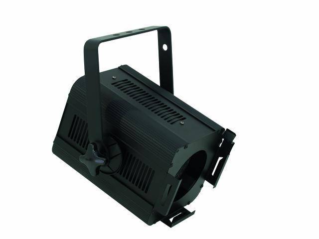 Un projecteur de scène noir avec support de suspension, adapté aux théâtres et aux événements.