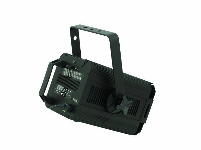 Un projecteur de scène noir avec support réglable, adapté à l'éclairage de théâtre et d'événements.