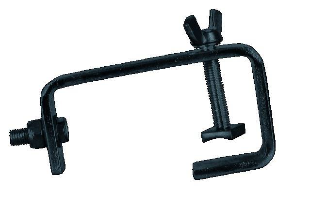 Une pince-étau noire avec un bouton à ailettes et une vis, adaptée pour maintenir ou fixer des objets, représentée sur un fond blanc.