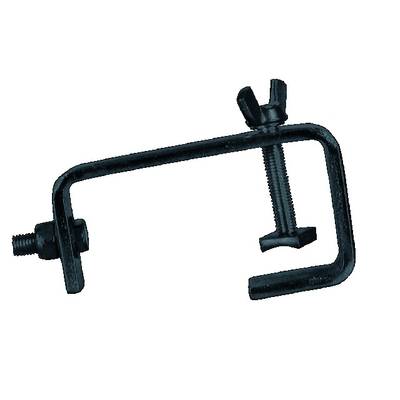 Une pince-étau noire avec un bouton à ailettes et une vis, adaptée pour maintenir ou fixer des objets, représentée sur un fond blanc.