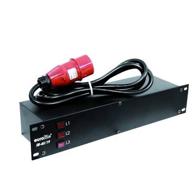 Un appareil PDU (Unité de Distribution Électrique) noir en rack avec une prise de courant forte puissance rouge et trois voyants lumineux 'L1', 'L2', 'L3'.