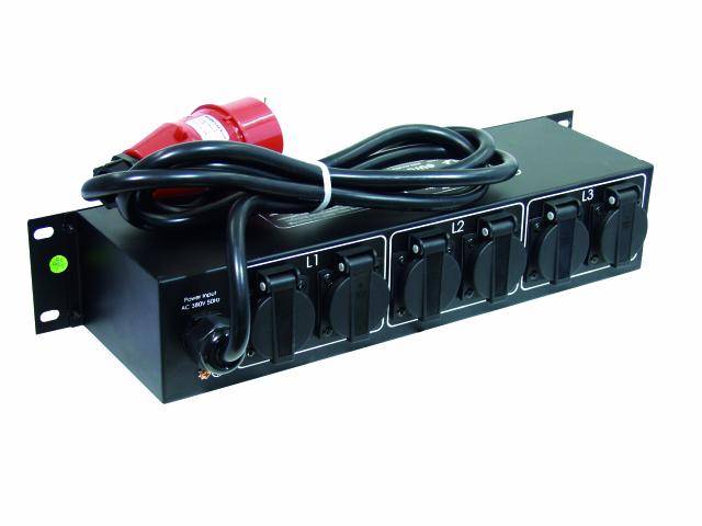 'PDU passive 32A avec 6 prises, marquée L1, L2, L3. Adaptée pour le montage en rack, câble fixé.'