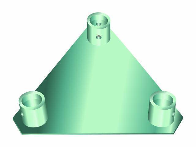 Une pièce métallique verdâtre de forme triangulaire, dotée de trois supports cylindriques à chaque angle, probablement destinée à des fins de montage.