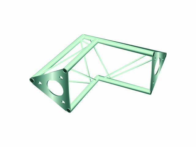 Une construction triangulaire métallique avec plusieurs renforts et des trous dans les plaques d'angle.