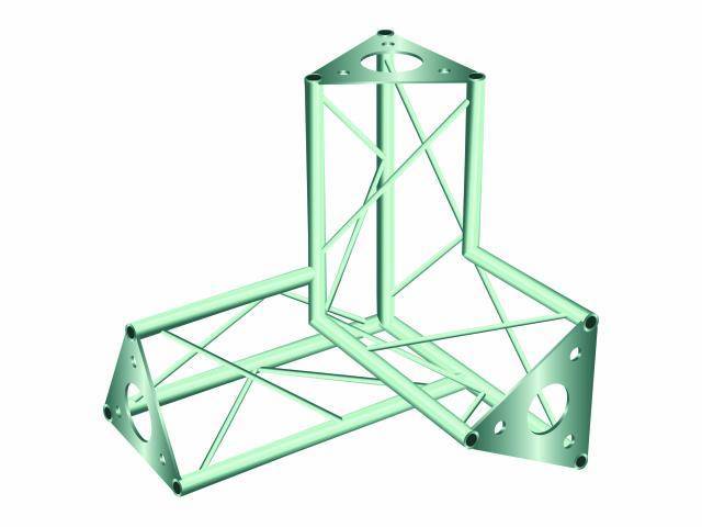 Modèle tridimensionnel de deux structures porteuses triangulaires interconnectées dans un ton métallique verdâtre.