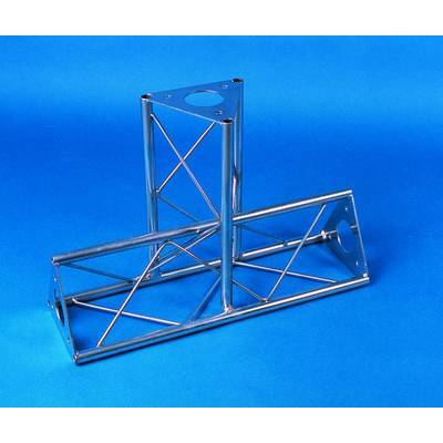 Un cadre métallique argenté en forme de triangle avec trois tubes, disposé contre un fond bleu.