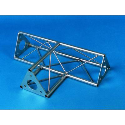 Construction triangulaire de support en aluminium sur un fond bleu, composée de plusieurs barres interconnectées pour offrir une stabilité structurelle.