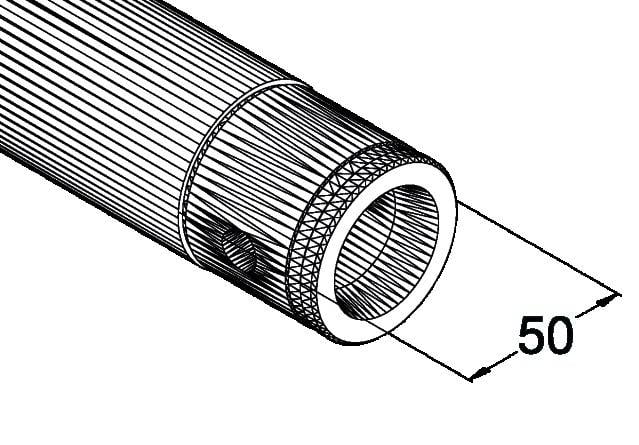 Dessin technique d'un objet cylindrique avec des lignes longitudinales et un marquage indiquant la longueur '50'.