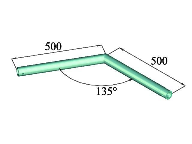 Tube vert en forme de L avec deux bras égaux de 500 mm de longueur et un angle de 135 degrés entre eux.