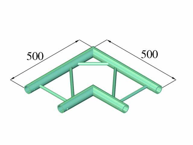Un diagramme de tuyaux tridimensionnel vert, représentant une forme angulaire en flèche avec deux longueurs égales de 500 unités.