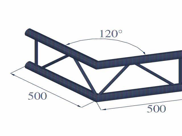 Vue isométrique d'un cadre structural avec un angle de 120° et deux côtés de 500 mm de long, reliés par des entretoises diagonales.
