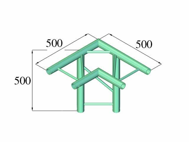 Diagramme 3D d'un cadre en acier avec deux poutres triangulaires, chacune avec des côtés de 500 mm. Structure supérieure plus grande que la structure inférieure.