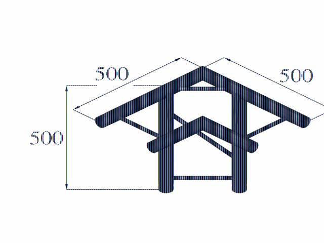 Dessin isométrique d'une charpente de toit avec des dimensions de 500 x 500 x 500 mm, montrant les assemblages de poutres et la structure de la toiture.