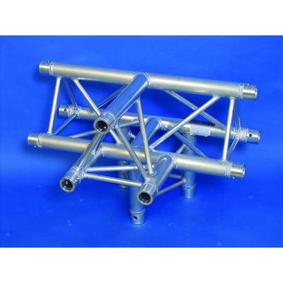 Un châssis métallique argenté, composé de plusieurs tubes cylindriques et de renforts, sur un fond bleu.