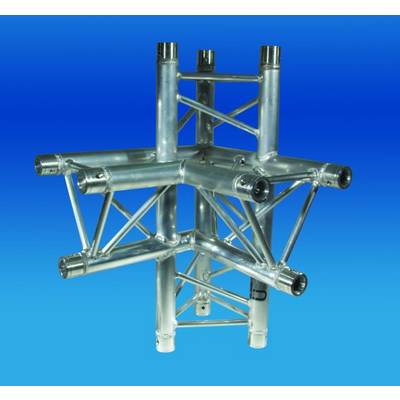 Un échafaudage métallique argenté, tridimensionnel, composé de plusieurs tubes et entretoises, sur un fond bleu.