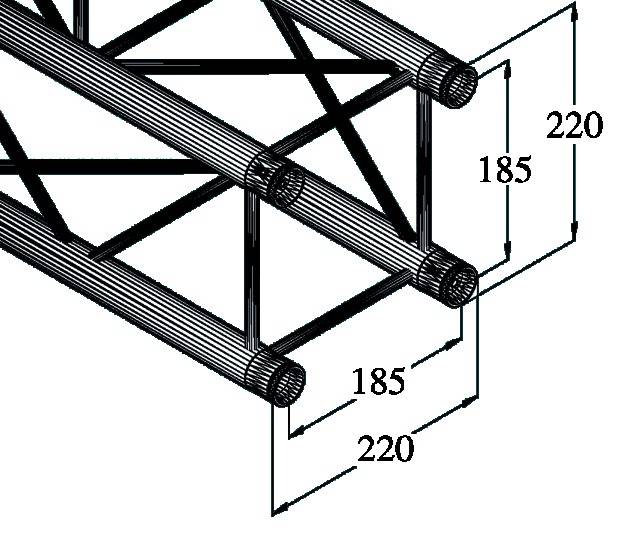 Diagramme d'une grille tubulaire avec dimensions : largeur de 220 cm, hauteur de 185 cm, montrant une construction à base d'éléments cylindriques et de connexions.