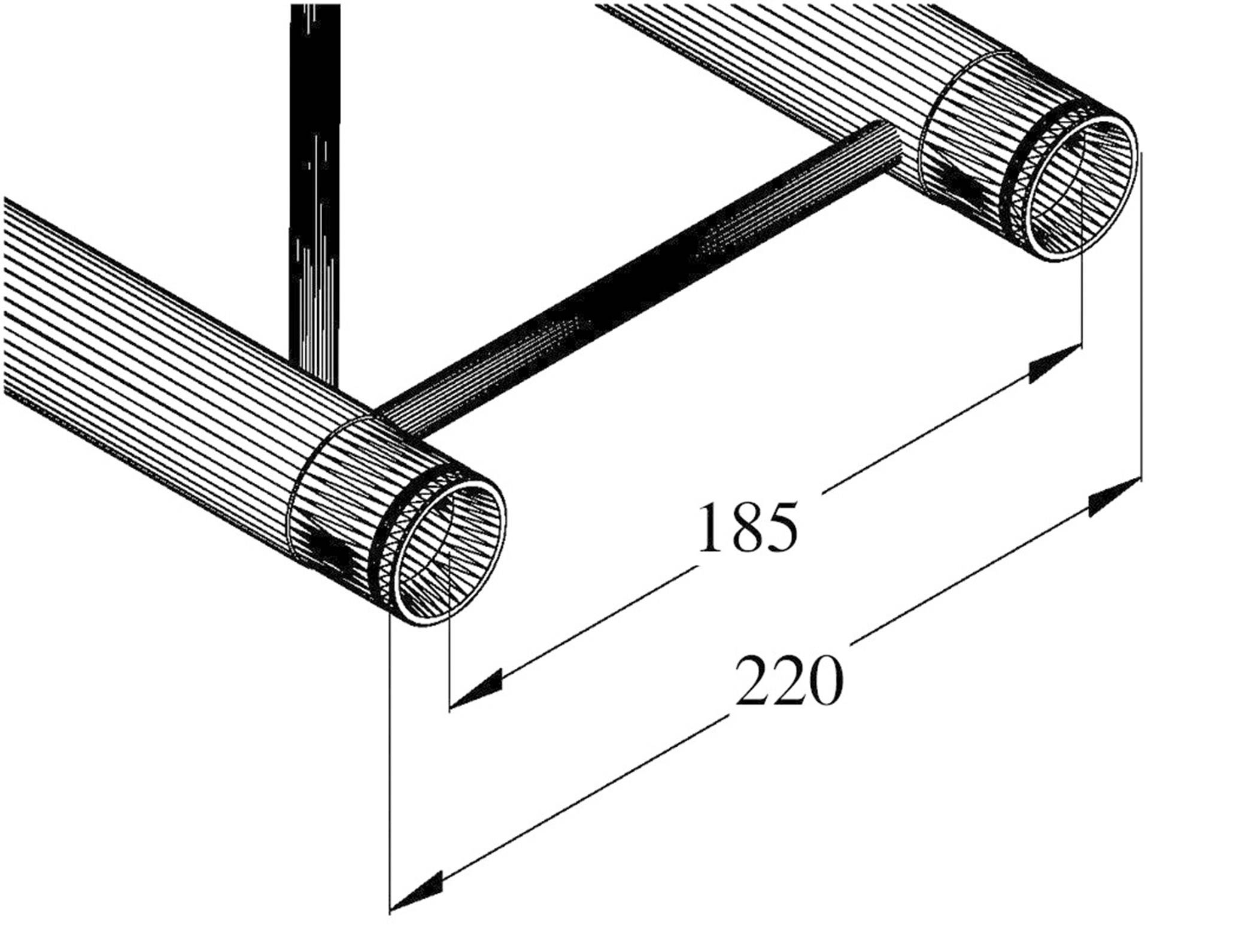 Deux tuyaux adjacents avec un espacement de 185 mm. La longueur totale d'une extrémité à l'autre est de 220 mm.