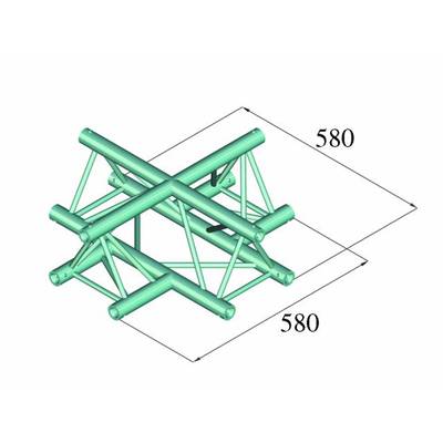 Une structure verte en forme de croix composée de tubes ; dimensions 580 x 580, représentation tridimensionnelle.