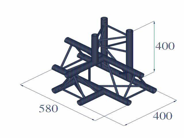 Dessin isométrique d'une structure composée de poutres tubulaires. Dimensions indiquées : 580 de largeur, 400 de profondeur et 400 de hauteur.