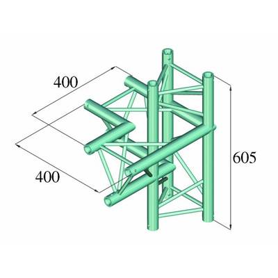 Un modèle tridimensionnel présente une construction métallique verte dont les dimensions sont de 400 mm x 400 mm x 605 mm, composée de différents tubes.