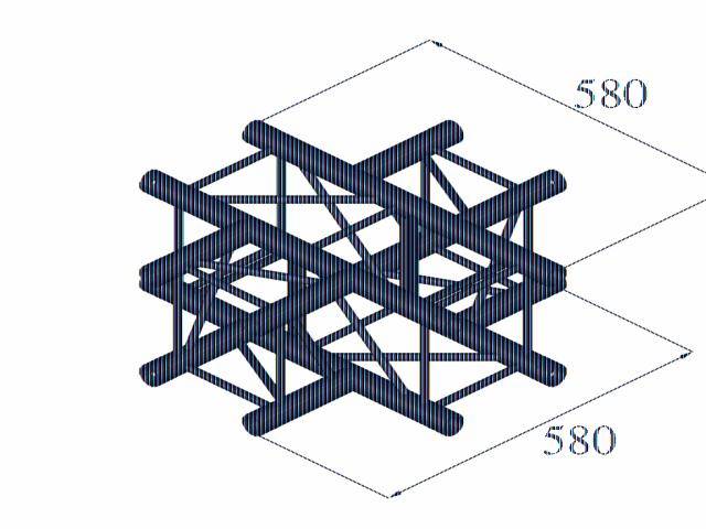 Structure géométrique de carrés imbriqués avec des entretoises diagonales, dimensions 580 x 580.
