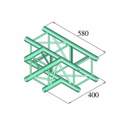 Modèle tridimensionnel d'une structure en acier vert renforcée par des tubes et des entretoises. Dimensions : 580 x 400 unités.
