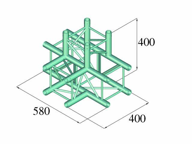 Plan technique d'un modèle de grille métallique tridimensionnel avec des dimensions de 580 x 400 x 400 mm, composé de plusieurs structures tubulaires.